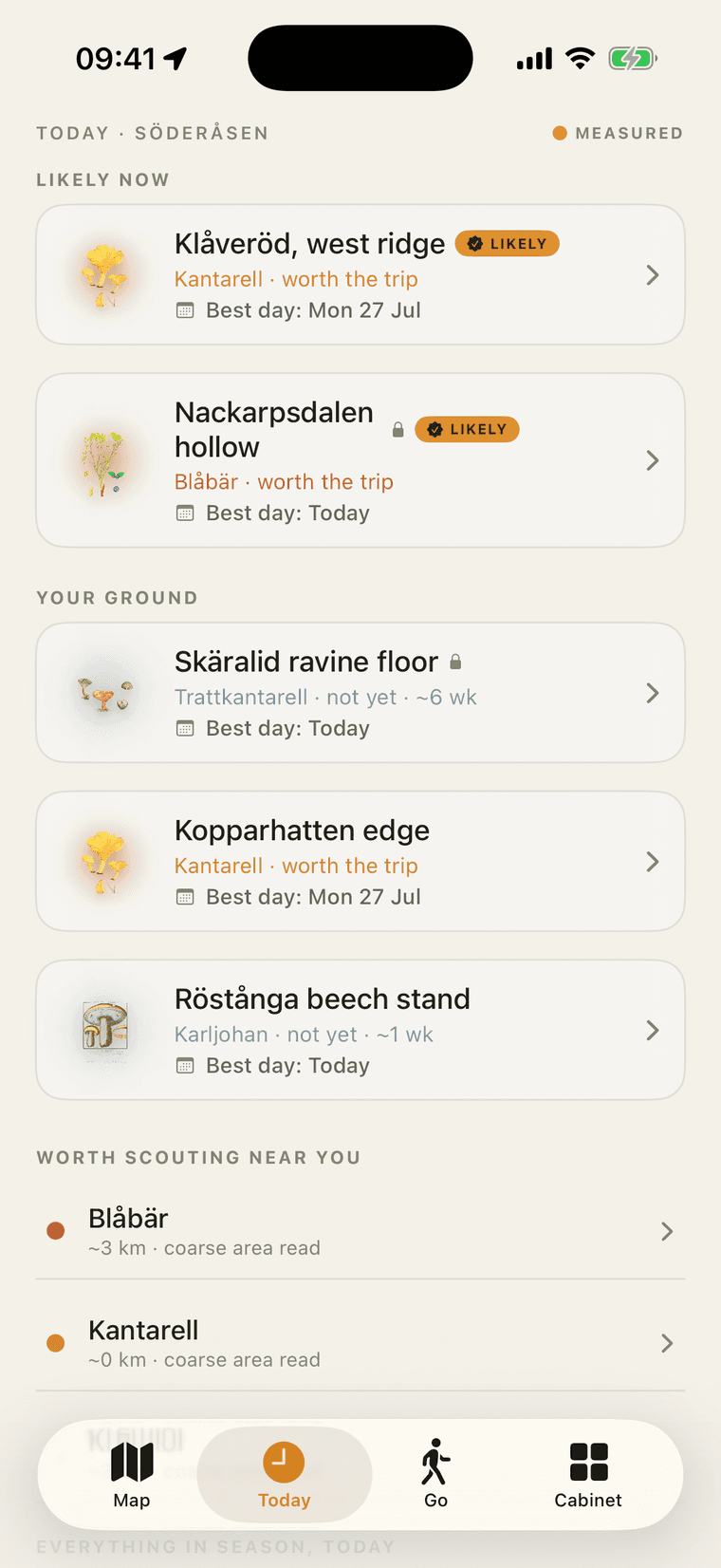 Your ground today: a list of saved spots, each with its species, a verdict for today and the best day in the next ten. Klåveröd west ridge reads Likely for chanterelle.
